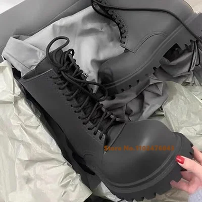 Thick-Soled Round Toe Lace-Up Ankle Boots New Spring Black Western Cowboy Med Heel Boots Casual All-Match Trendy Women'S Shoes