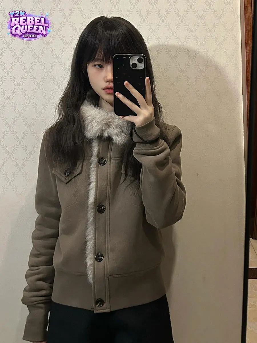 Korean Preppy Minimalist Faux Fur Collar Cropped Jacket Women Button Front Loose Fit Soft Thick Warm Winter Casual Daily Outfit
