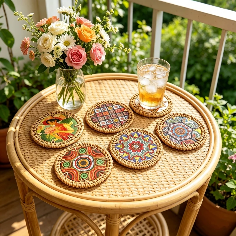 6PCS SET 10cm Rattan Coaster Round Painted Cup Mat Handmade Heat Resistant Mug Pastoral Bohemia Placemat Coffee Tea Hot Drink