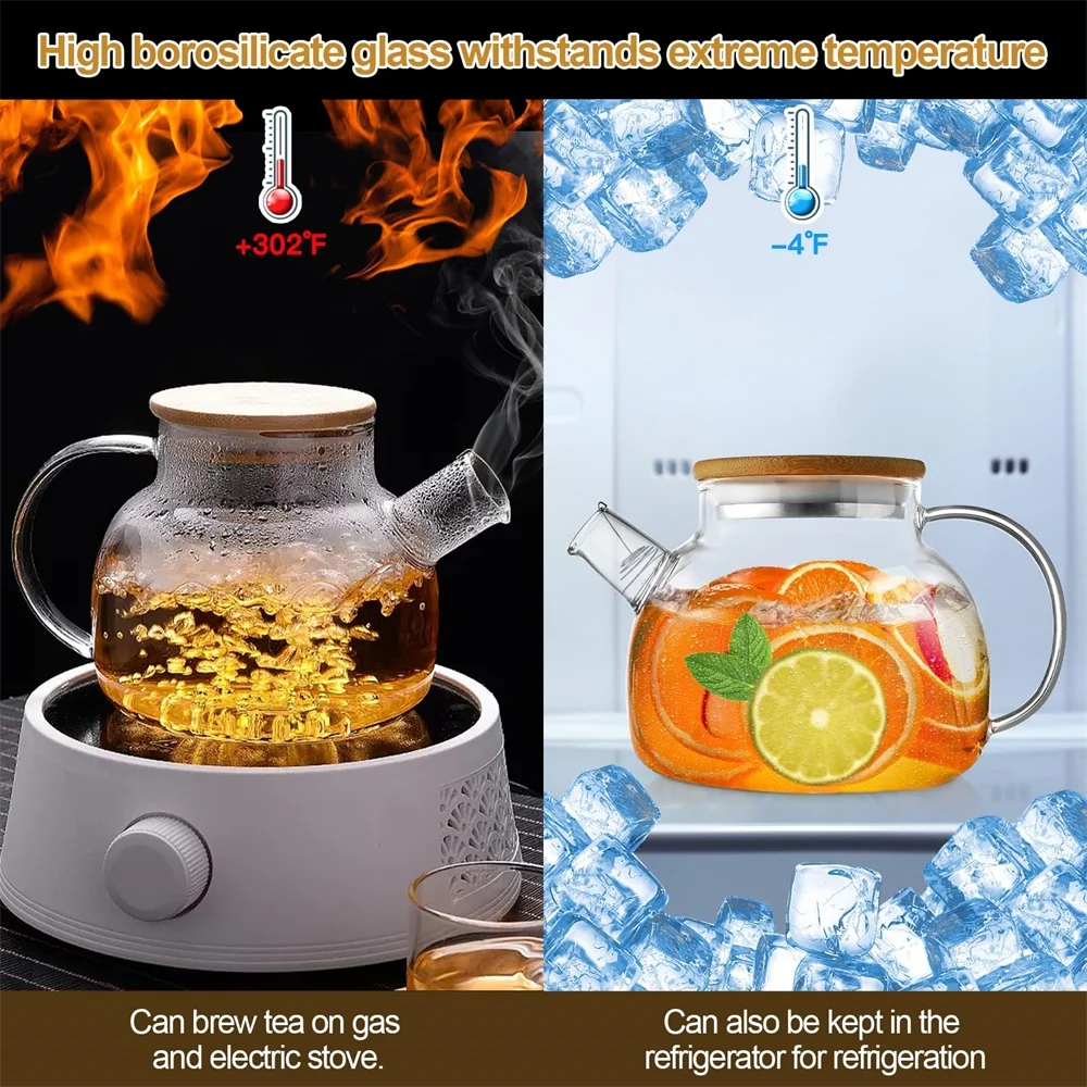 1pack 1/1.8L Glass Teapot Bamboo Lid Glass Tea Kettle with Removable Filter Spout for Loose Leaf、Fruit Tea and Fragrant Tea
