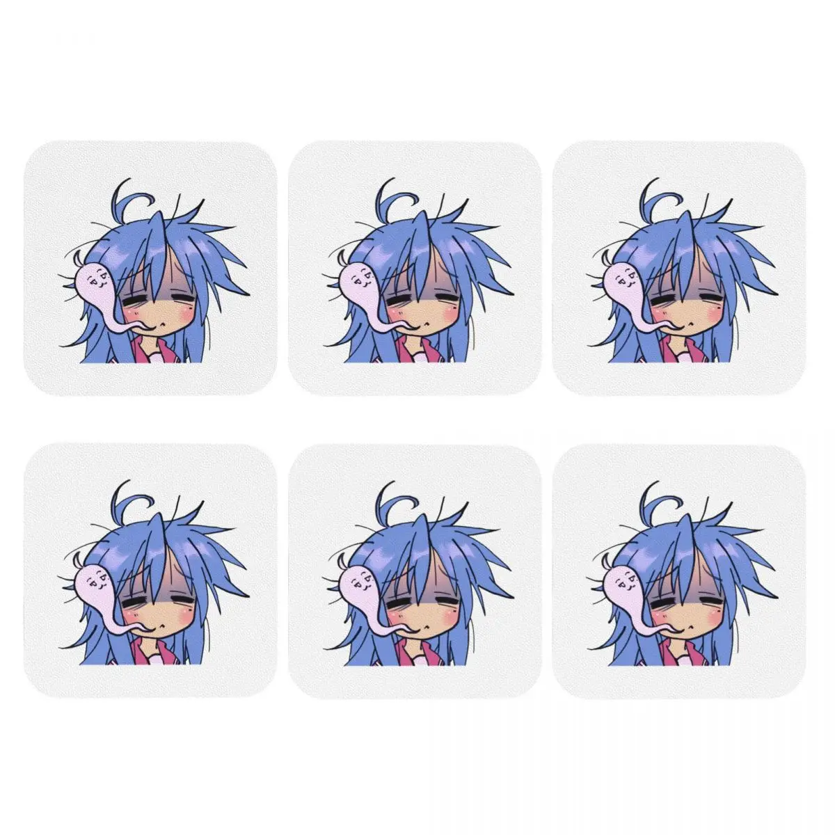 

Dead Tired Izumi Konata Lucky Star Coasters PVC Leather Placemats Non-slip Insulation Coffee Mats Kitchen Dining Pads Set of 6