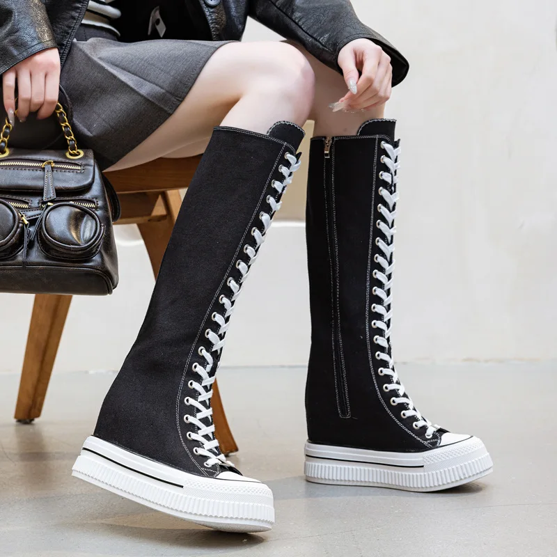 13CM Women High Top Casual Canvas Shoes Spring Autumn Knee-High Boots Lace-up Zipper Ladies Platform Wedges Vulcanize Sneakers