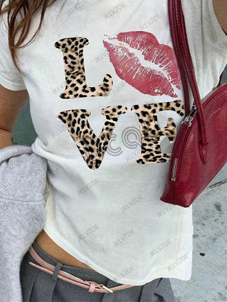

2025 Summer New Women's Leopard Print Lips Love Printed Cotton Tshirt Short Sleeve O-neck Tees Casual Fashion Oversized Tops