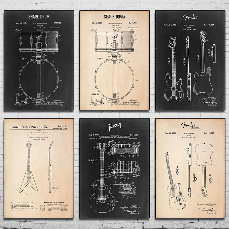 Patent drawing poster musical instrument Guitar piano rack drum Canvas Printing For  Home Wall Art Decoration Frameless Painting