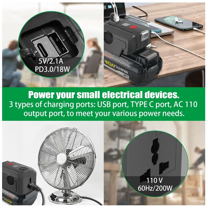 

AEE8-инвертор мощности для батареи Ryobi 40 В, 200 Вт постоянного тока, 18 В переменного тока, 110 В переменного тока, выходной порт типа C PD3.0 и светодиодное освещение, вилка стандарта США