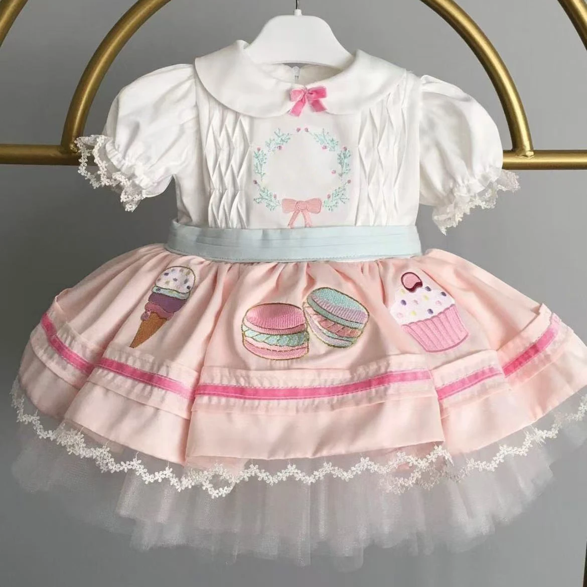 

1-12Y Baby Girl Summer Ice Cream Hamburger Cake Embroidery Pink Dress for Birthday Party Holiday Photography Eid Casual B243