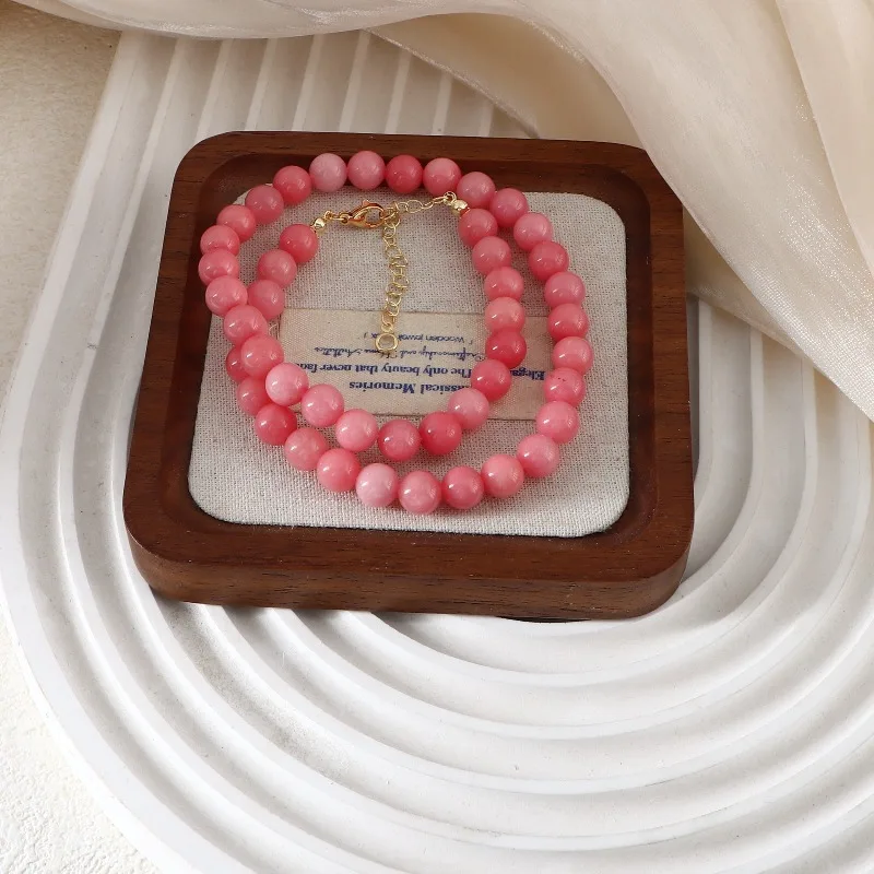 Minar Textured 8mm Pink Color Round Natural Stone Beaded Necklace for Women Handmade 14K Real Gold Plated Copper Chain Chokers