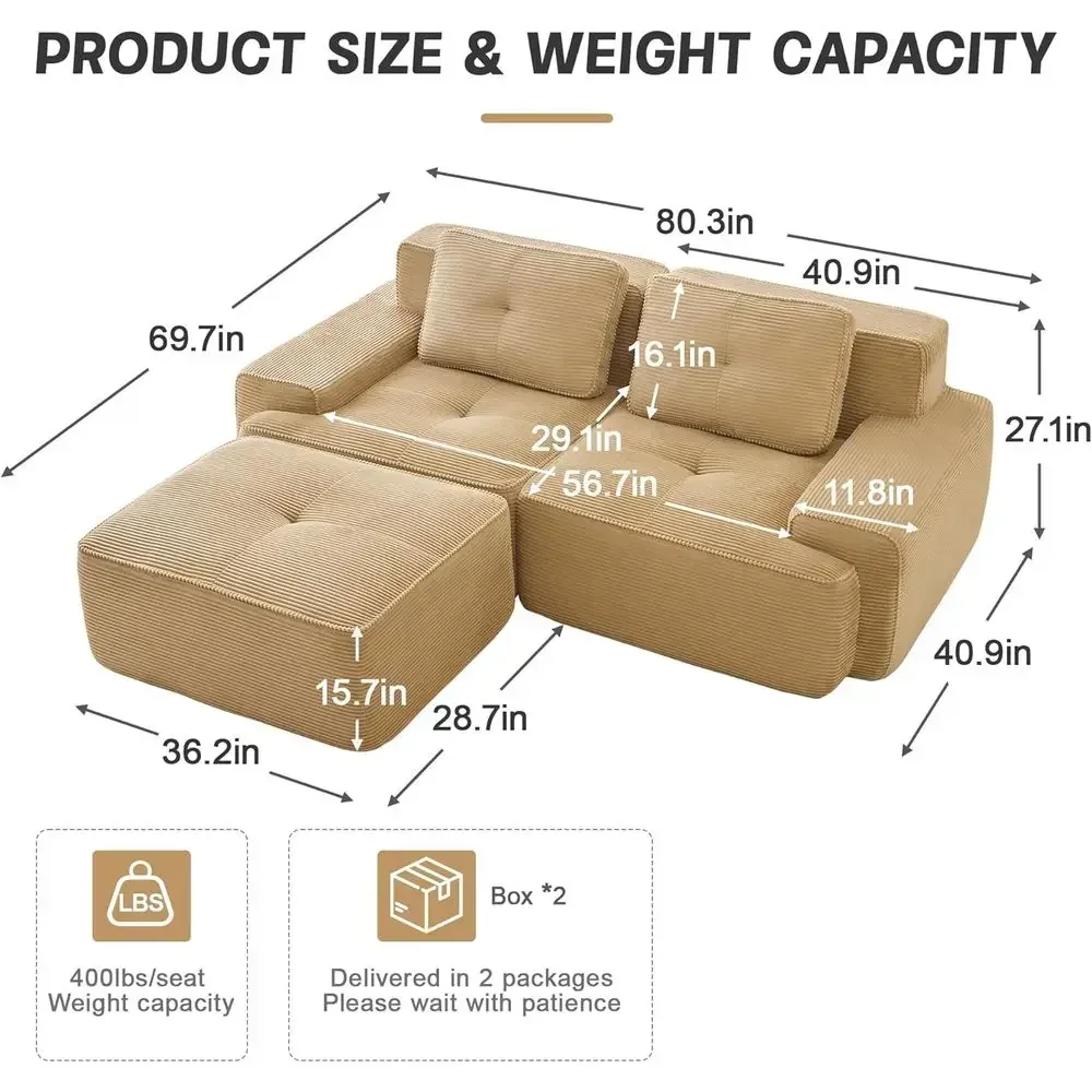 L-Shape Sectional Sofa with Chaise, 2-Seater Loveseat, Deep Seat Upholstered Couch, Corduroy Fabric, Cloud Comfort, No Assembly