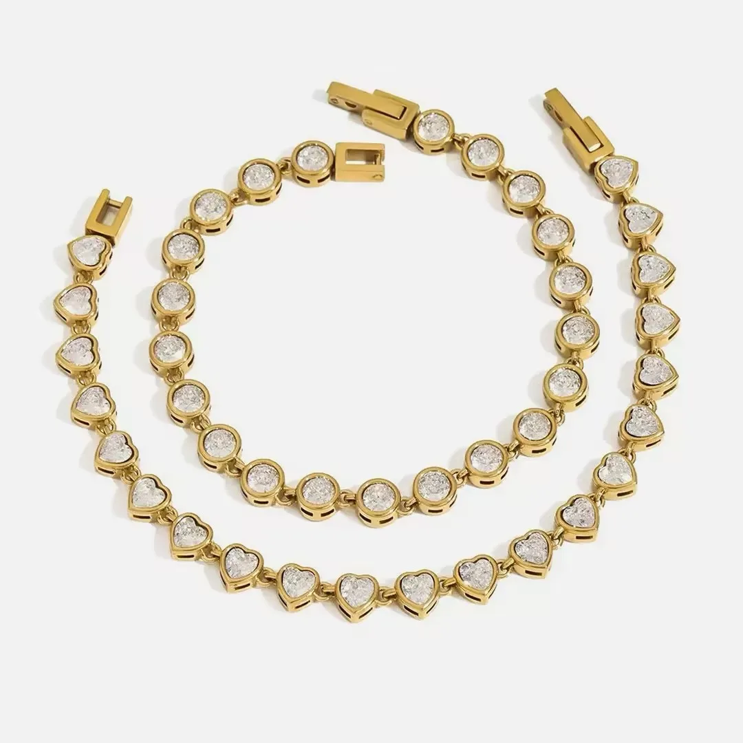

18K Gold Plated Stainless Steel Heart Round Zircon Tennis Bracelet Waterproof Cubic Zirconia Chain Bracelet For Women Jewelry Gi