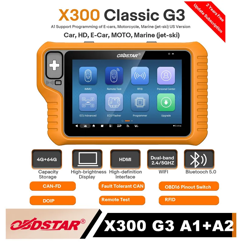 Original OBDSTAR X300 Classic G3 Key Programmer with Built-in CAN FD DoIP Car/ HD/ E-Car/ Motorcycles/ Jet Ski Get Free Key Sim