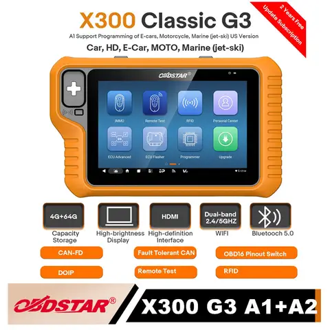 Original OBDSTAR X300 Classic G3 Key Programmer with Built-in CAN FD DoIP Car/ HD/ E-Car/ Motorcycles/ Jet Ski Get Free Key Sim