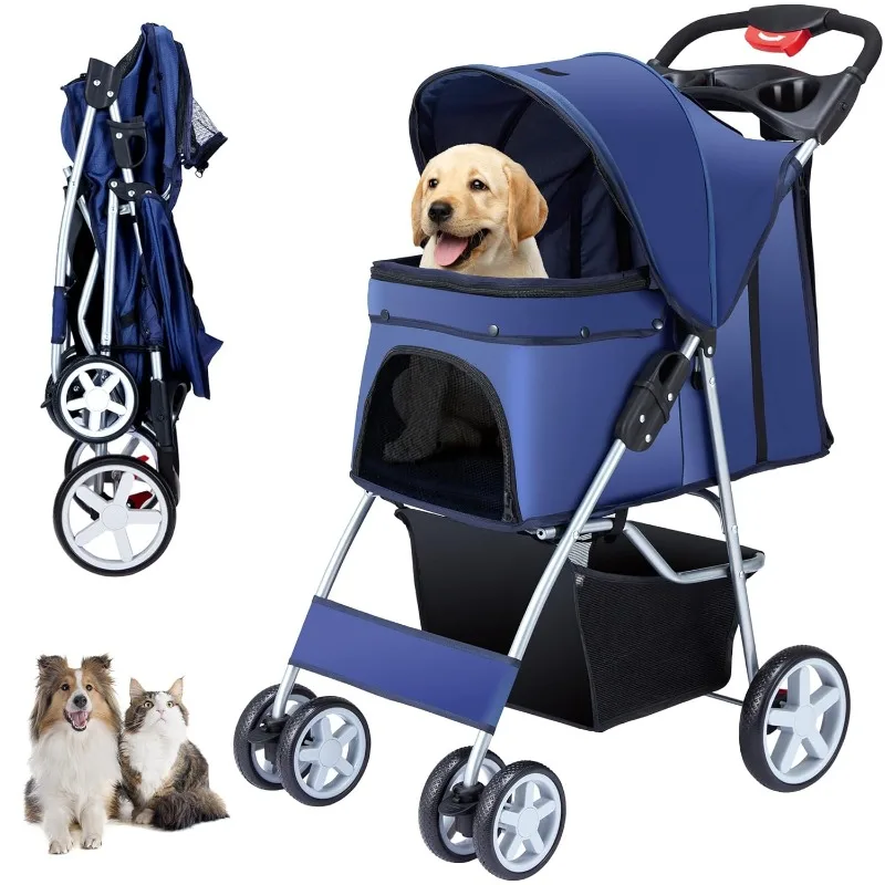 

4 Wheels Pet Stroller for Small Medium Dogs Cats 33 lbs, Breathable Foldable Jogger Stroller with Storage Basket, for All-Season