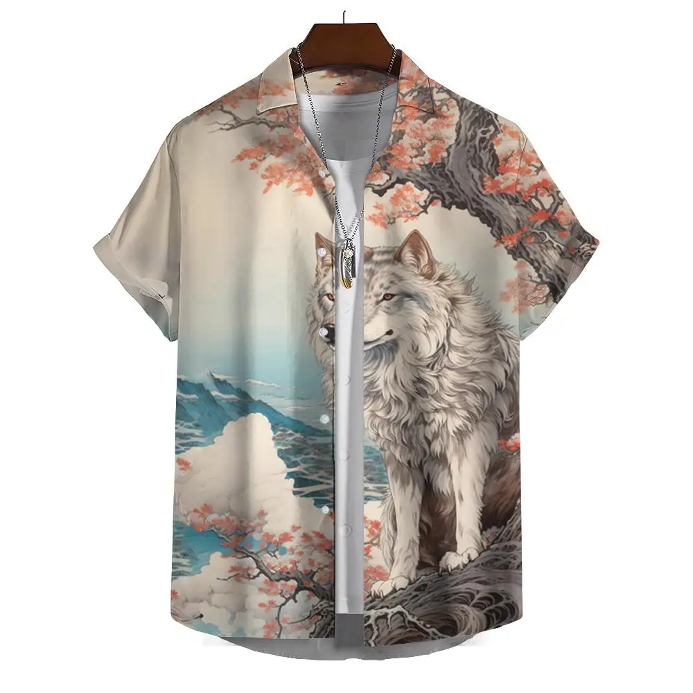 Summer Fashion Cartoon Mythical Animal Lion Tiger Wolf Print Men\'s Short Sleeve Casual Printed Tops Vacation Travel Oversized