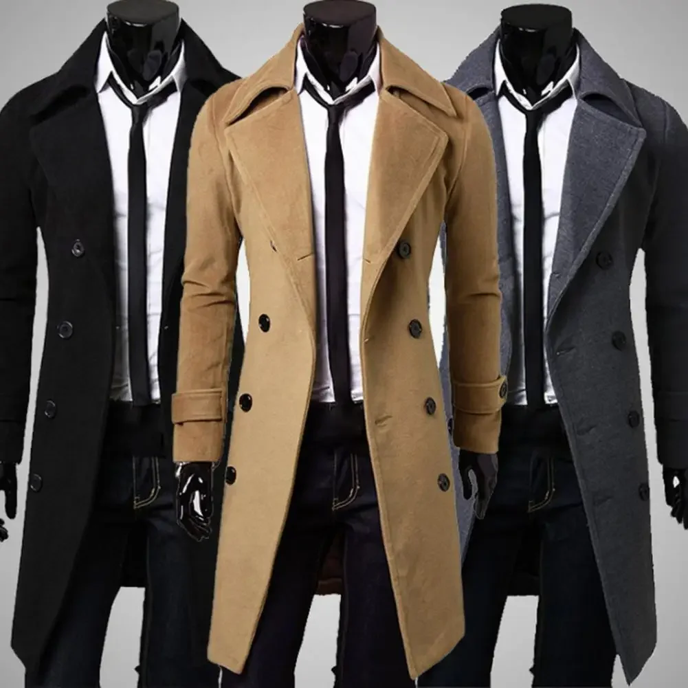 Men's Double Breasted Trench Coat Simple Pure Color Coldproof Casual Business Loose Overcoat Fall Winter Classic Daily Outerwear