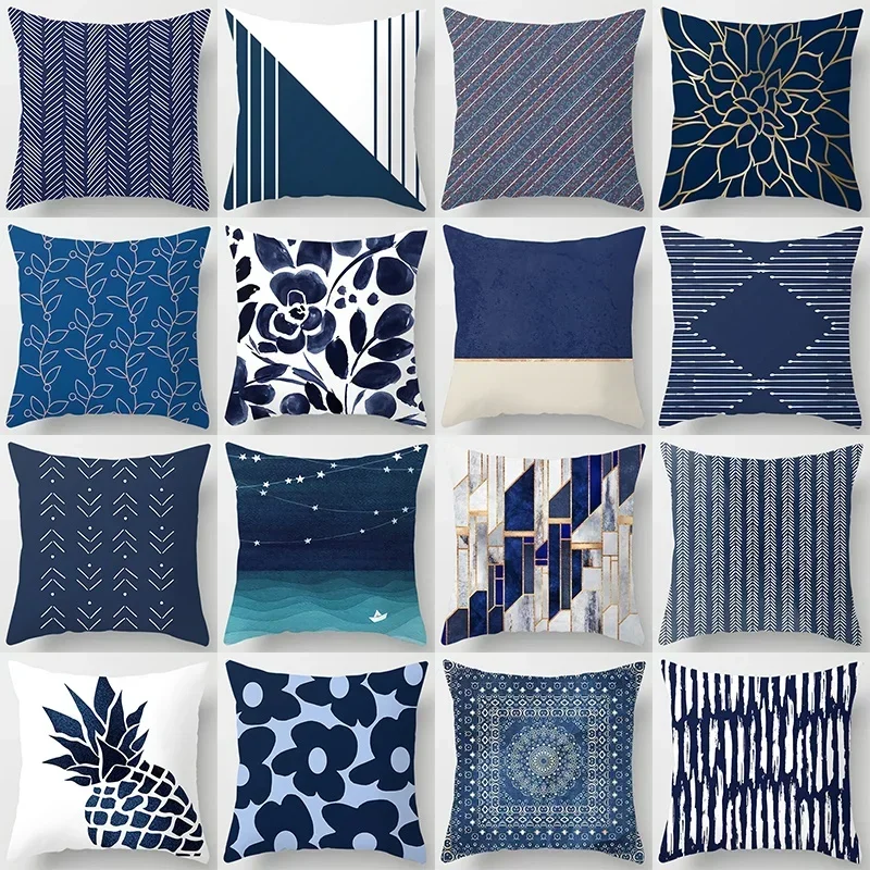 Home Decor Fashion Classic Square Pillowcase Dark Blue Geometric Pattern Car Living Room Sofa Cushion Cover funda de almohada