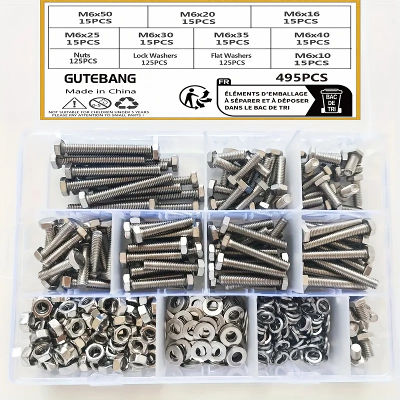 495-Piece M6 Hex Bolt and Nut Washer Combo Set, Stainless Steel Includes bolts, nuts, and flat lock washers in various sizes, wi