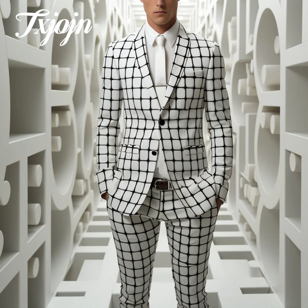 Simple Geometric Men Suit Set 2PCS 2025 Classic Notched Lapel Suit Wear Casual single-breasted Performance Suit blazer masculino