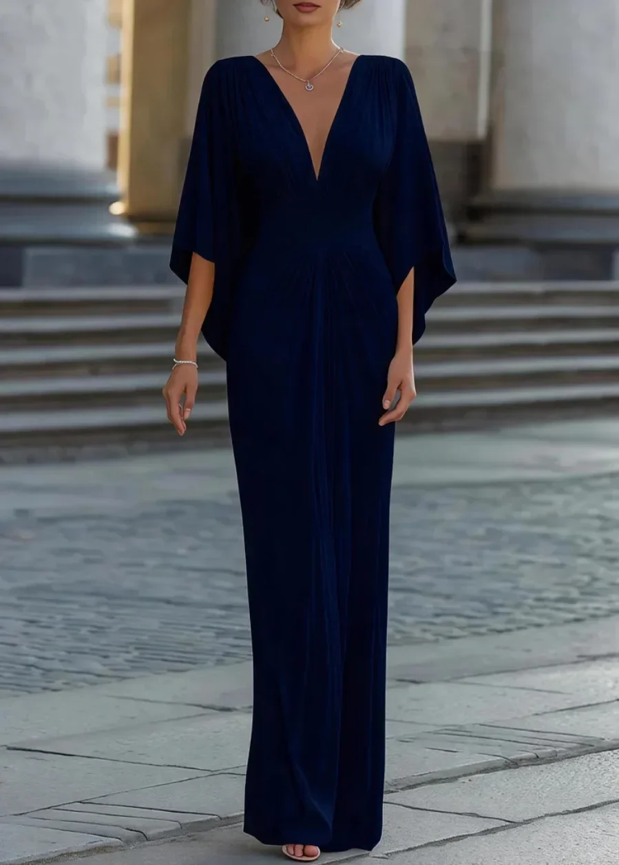 Damen-Maxikleid mit tiefem V-Ausschnitt und Cape-Ärmeln, plissierter Taille, elegantes Abendkleid für formelle Anlässe. – Detail 5