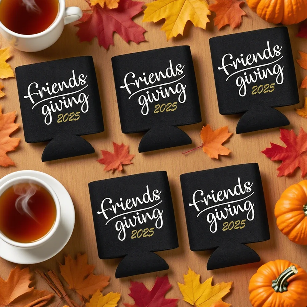 Enfriador de latas para amigos, decoración de mesa de cena de pavo de Acción de Gracias, fundas para latas de feliz amigo, accesorios para beber cerveza, 5 uds.