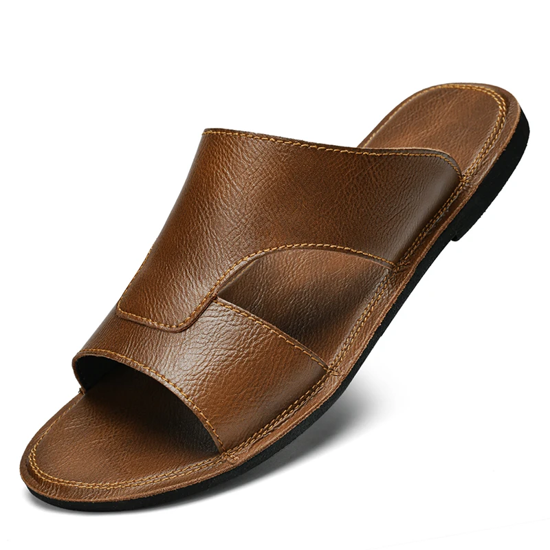 Men Black Brown Flat Heel PU Outdoor Beach Shoes with One word Slippers Lightweight and Comfortable 38-47 Men Slippers