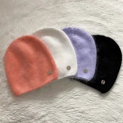 2024New Fashion Solid Color Rabbit Fur Winter Hat for Woman Long Hair Warm Cap Simple High Quality Soft Spring Beanies Wholesale