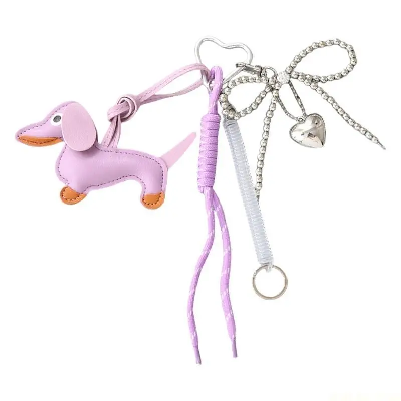 

X90D Sausage Dog Keyrings Bows Keychains Fashion Keyholders PU Keychain Car Rings for Bag Backback Decoration