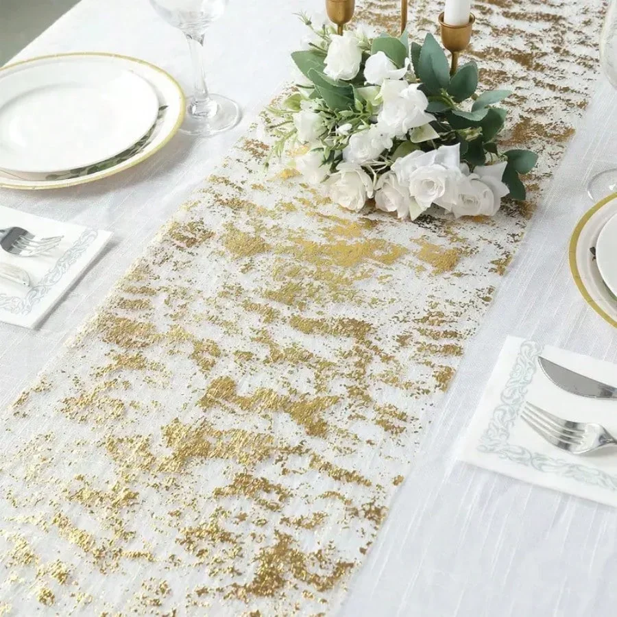 1pc, PolyesterTable Runner, Sparkly Metallic Golden Foil Thin Mesh Table Runner, Dining Decorations  Wedding,Birthday,Banquet