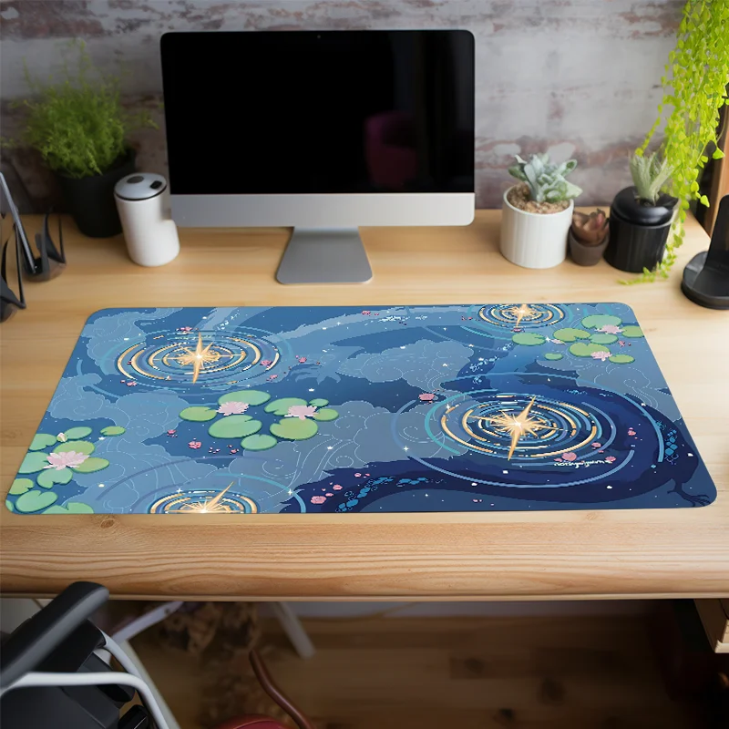 Blue Pond Lotus Leaves Star Twinkling Mouse Pad Large Computer Keyboard Pad Natural Rubber Anti-Slip Perfect Gift for Friends