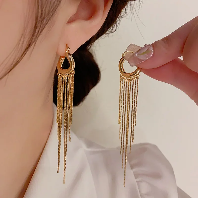 Korean Style Fashion Temperament High-end Feel Long Tassel Niche Design Light Luxury Earrings for Women.