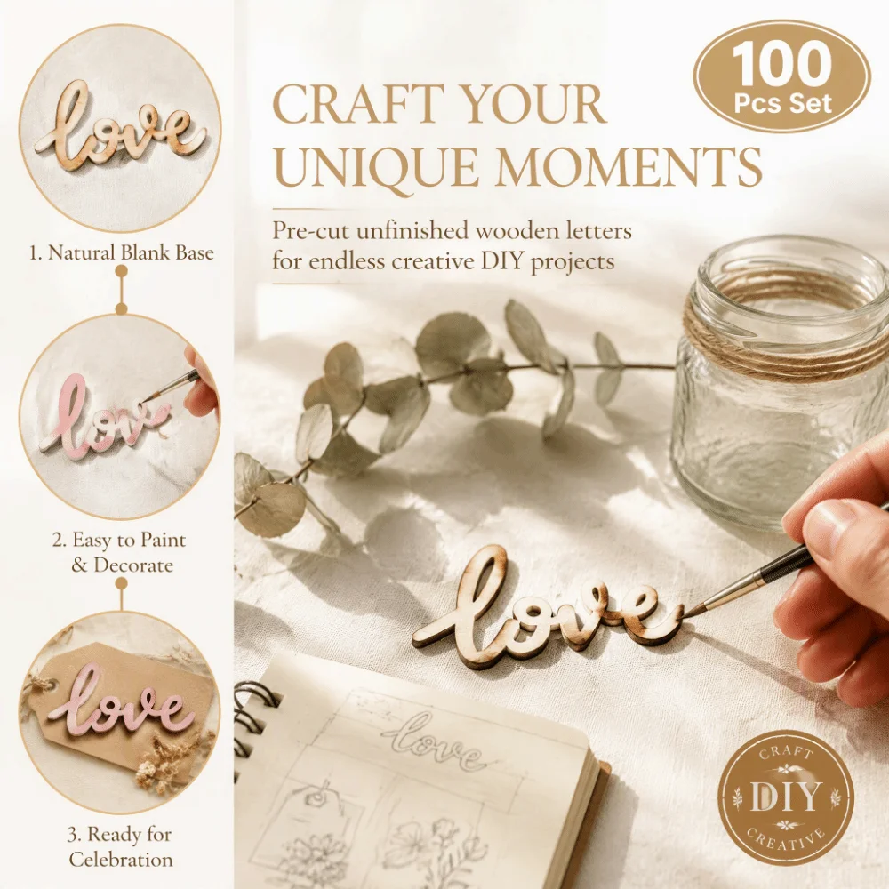 100pcs Wood Material Mini Wood Letter Chips Mini Size Unfinished Love Script Wood Letters Love Wall Decor Romantic Scene Layout