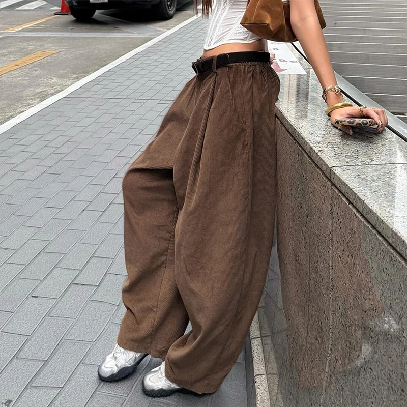 OMSJ automne hiver marron velours côtelé pantalon pour femmes Style de rue loisirs Vintage taille haute coupe ample confort jambes larges pantalon