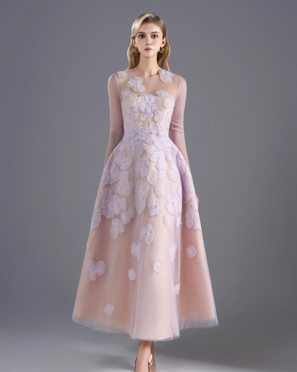 

Customized Fashion Women Tulle Handmade Flower Rhinestone A-Line Evening Dresses Formal O-Neck Long Sleeves Ankle Length Dresses