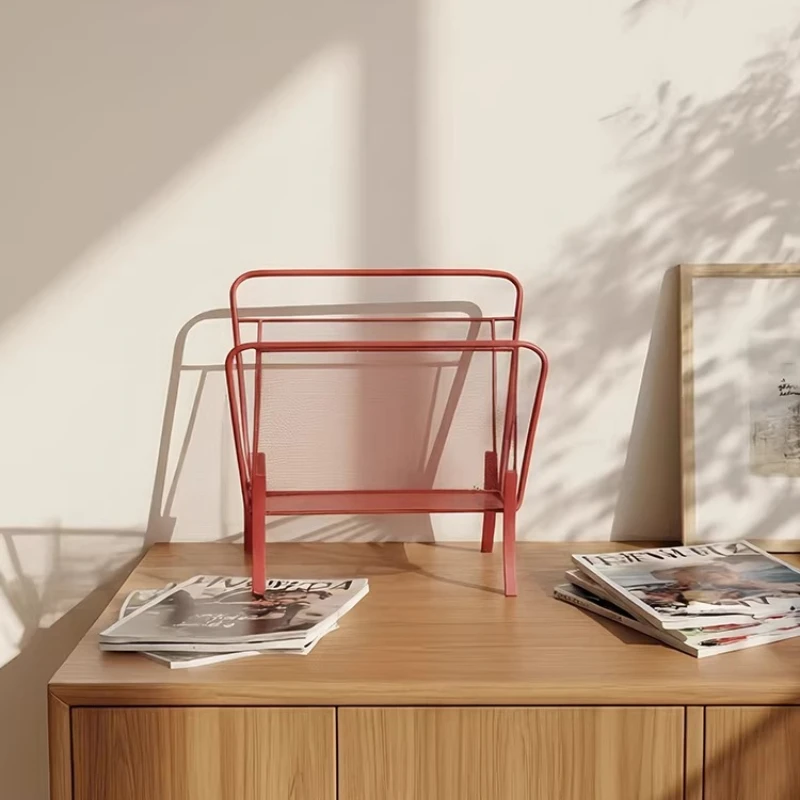 Bauhaus V Shape Newspaper Rack Red Metal Mesh Magazine Holder Modern Industrial Storage Shelf for Office Home Desktop Display