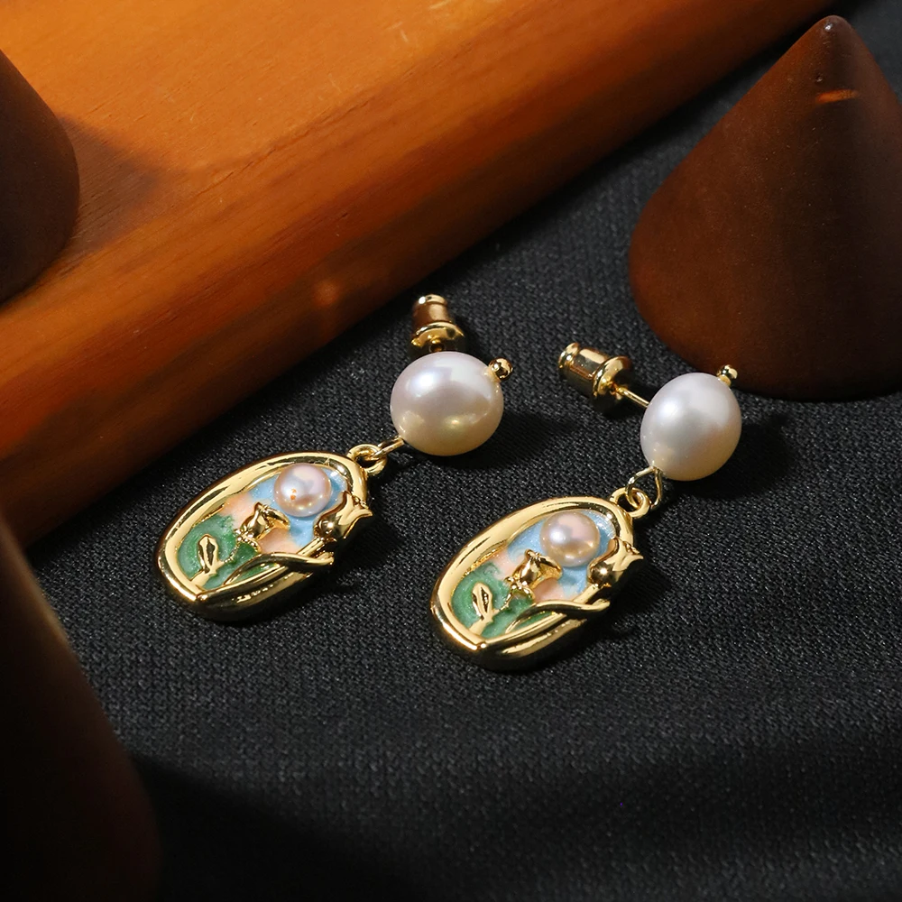 Natural Freshwater Pearl Oil Painting Style Earrings Korean Style Women Luxury Jewelry Fashion Ladies and Girls Gift GE1570