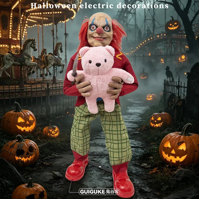 Electric Induction Clown Doll Halloween Horror Prop Haunted House Party Decoration Scary Moving Figure Thriller Ornament Plug