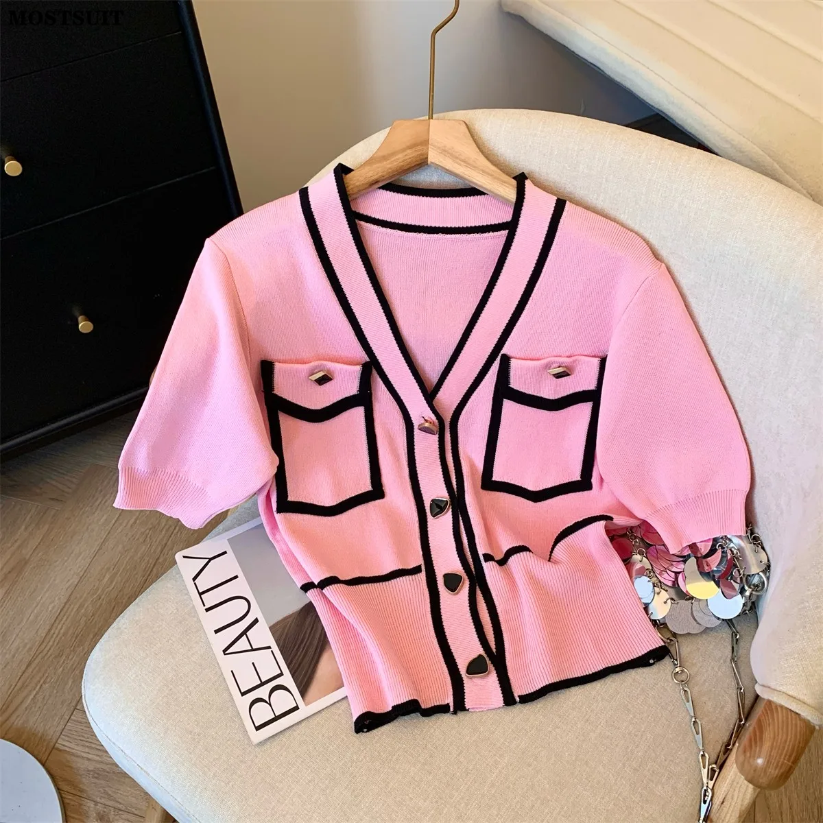 Korean Style Sweater Cardigan For Women Summer Elegant Vintage Ladies Knitwear Tops Short Sleeve V-neck Fashion Jumpers 2024