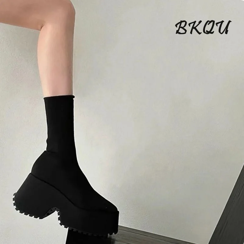 BKQU stivali skinny elastici da donna 2024 nuova testa quadrata piccola aumenta suola spessa comode scarpe con plateau da 10 cm con tacco alto