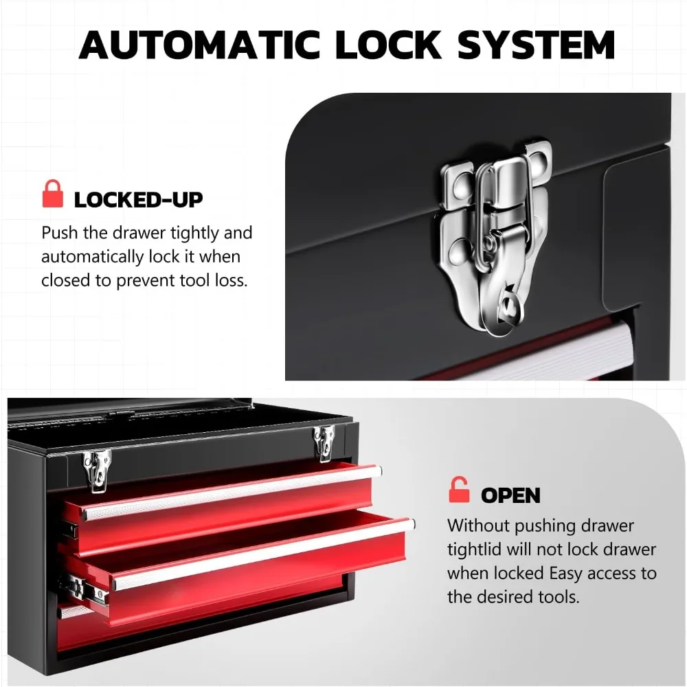 Tragbarer 20-Zoll-Werkzeugkasten aus Stahl mit 3 Schubladen und oberem Stauraum, abschließbaren Riegeln für den Heim- und Werkstattgebrauch