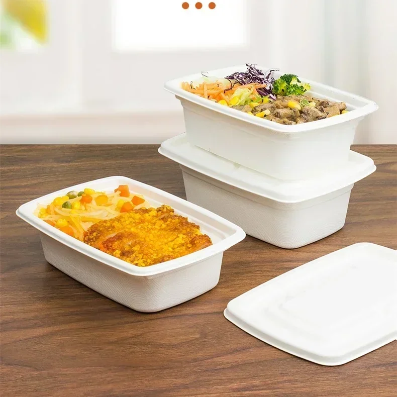 50pcs Disposable Pulp Food White Packing Box Environmental Protection Degradable with Cover Salad Take-out Rectangle Lunch Boxes