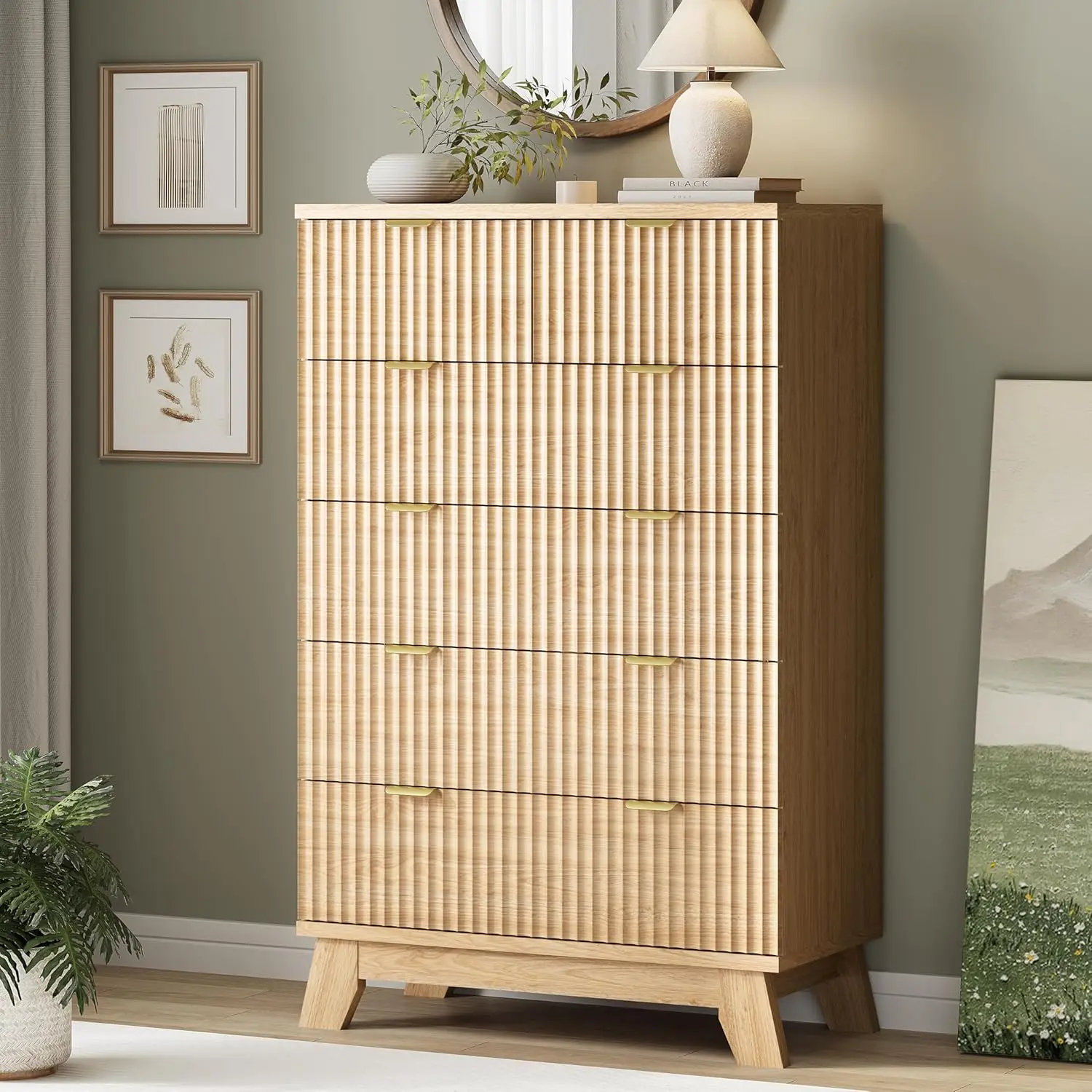 

Fluted Dresser for Bedroom with 6 Drawers, 46" Tall Modern Chest of Drawers with Metal Handle, Wooden Dresser TV Stand, Wood