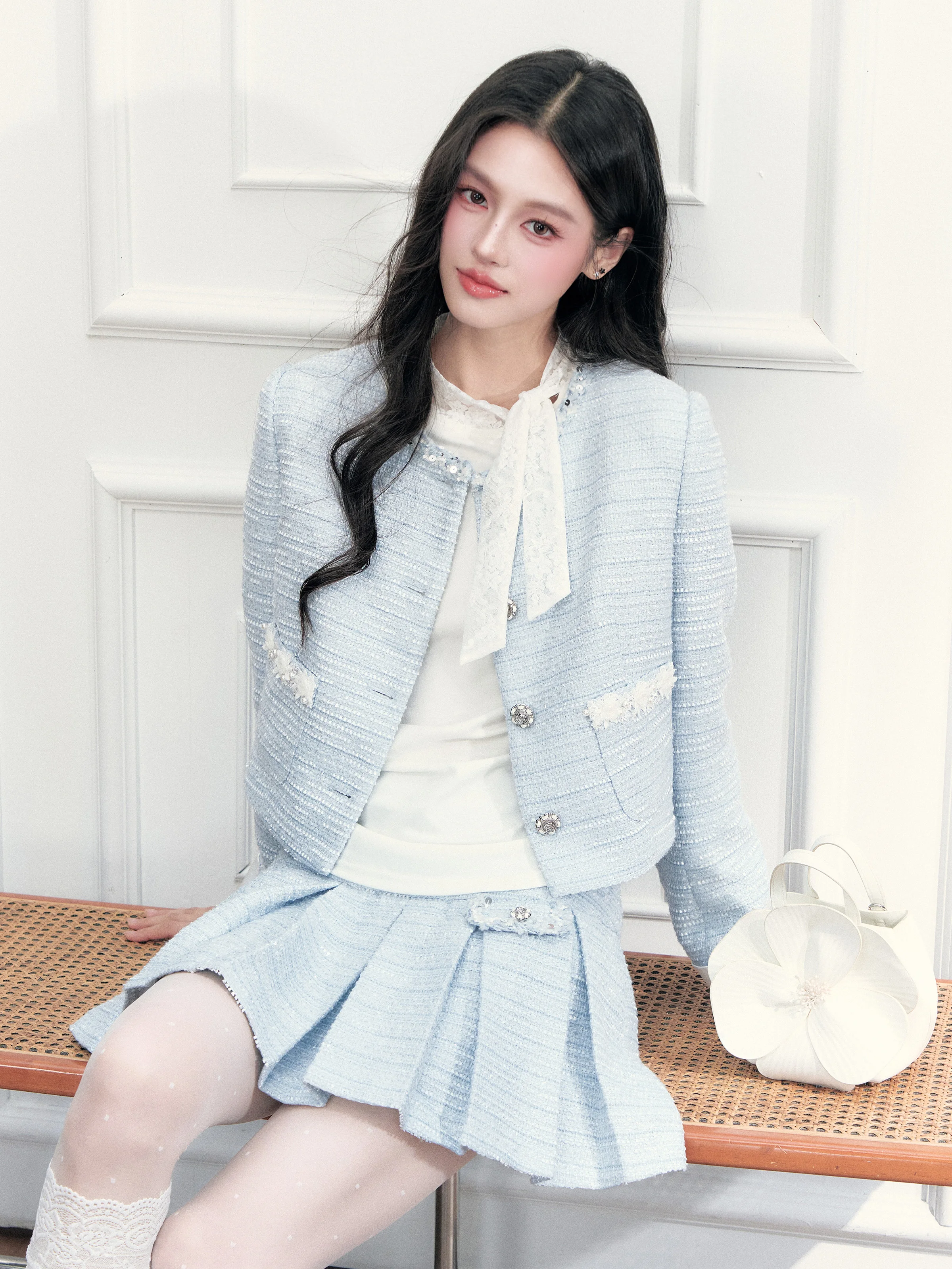 Fragile Heart Commute Small Fragrance Style Handmade Beaded Tweed Coat Skirt Set Elegant Wind for Women in Autumn Work Scene