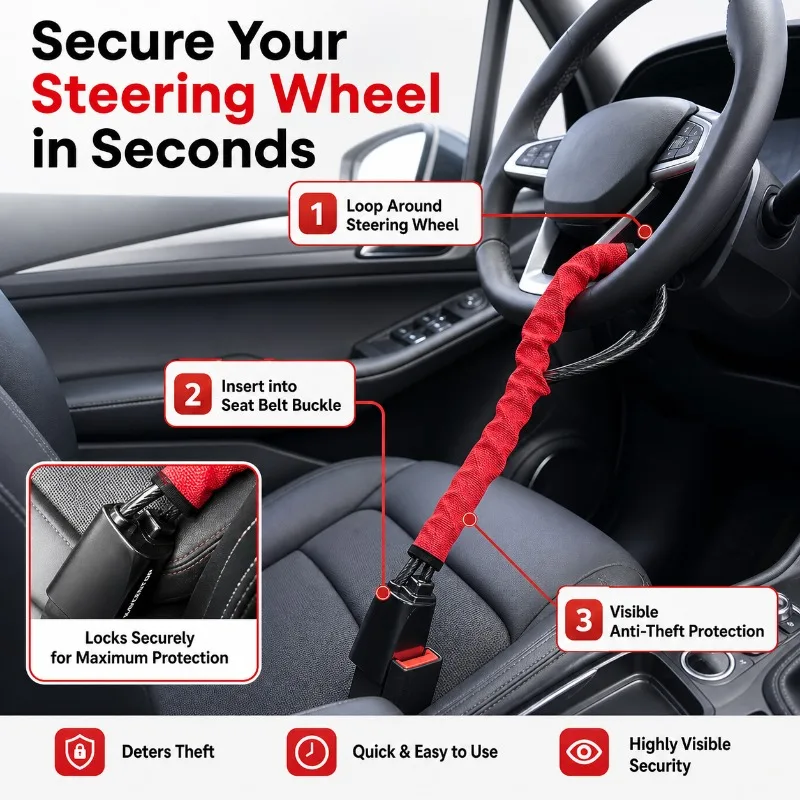HeavyDuty Car Steering Wheel Lock, Anti-Theft Seat Belt Buckle Lock with Steel Cable, Universal Auto Security Device with 2 Keys