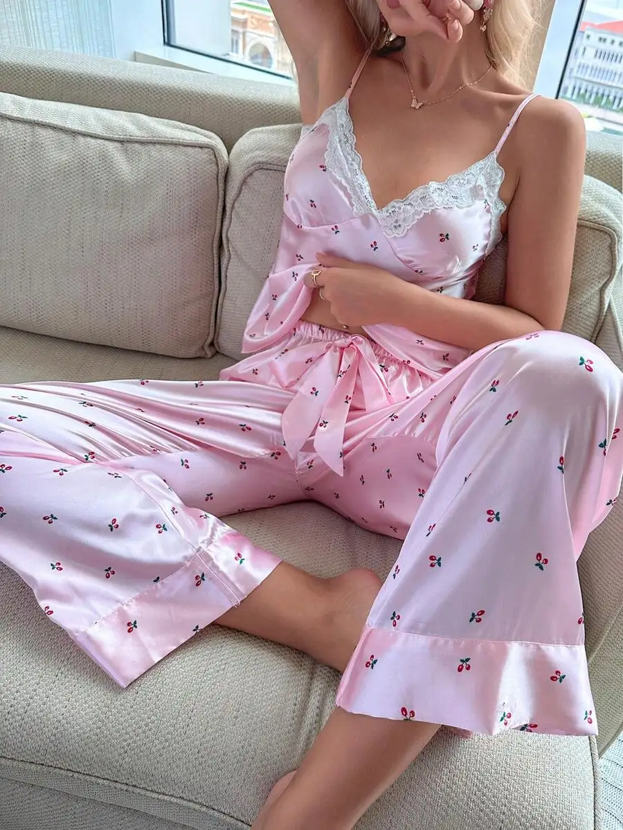 

Pink Cherry Print Lace Trim Satin Cami Top And Pants Pajama Set