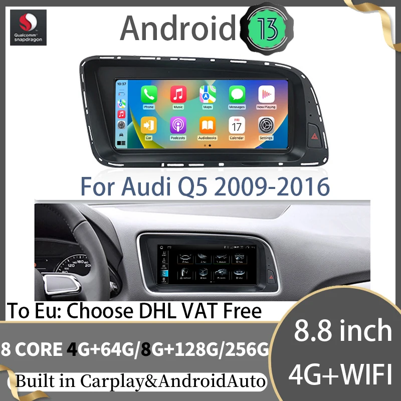 

8G+256G Qualcomm Android 13 Apple Carplay For Audi Q5 2009-2017 Multimedia Video Radio Player Stereo GPS Navigation 4G