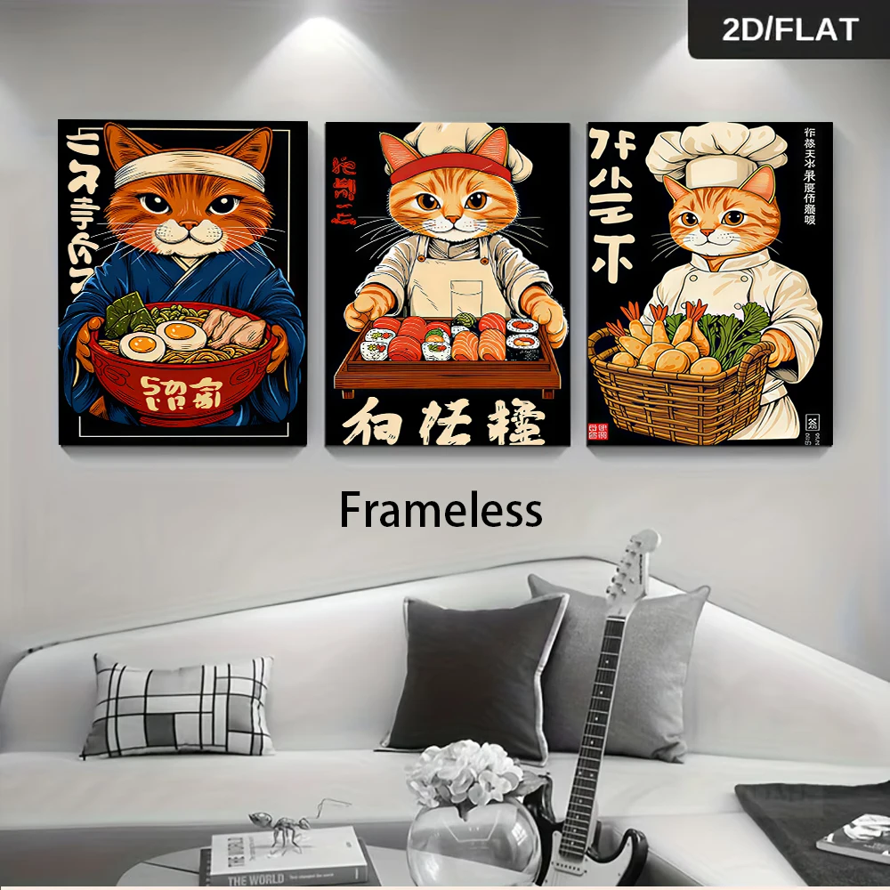 1 Set japanisches Cat Chef Triptychon rahmenlose Wandkunst, modern, für Esszimmer, Küche, Wohnzimmer, Schlafzimmer, Sushi, Ramen, Tempura, 2D flach