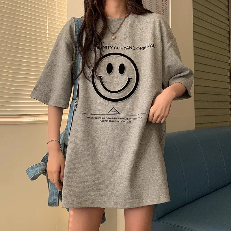 New Loose-fit Medium-length Korean Version Spring Autumn 2023 Couple Letter Print Disappearing Short Sleeves T-shirt Top Women