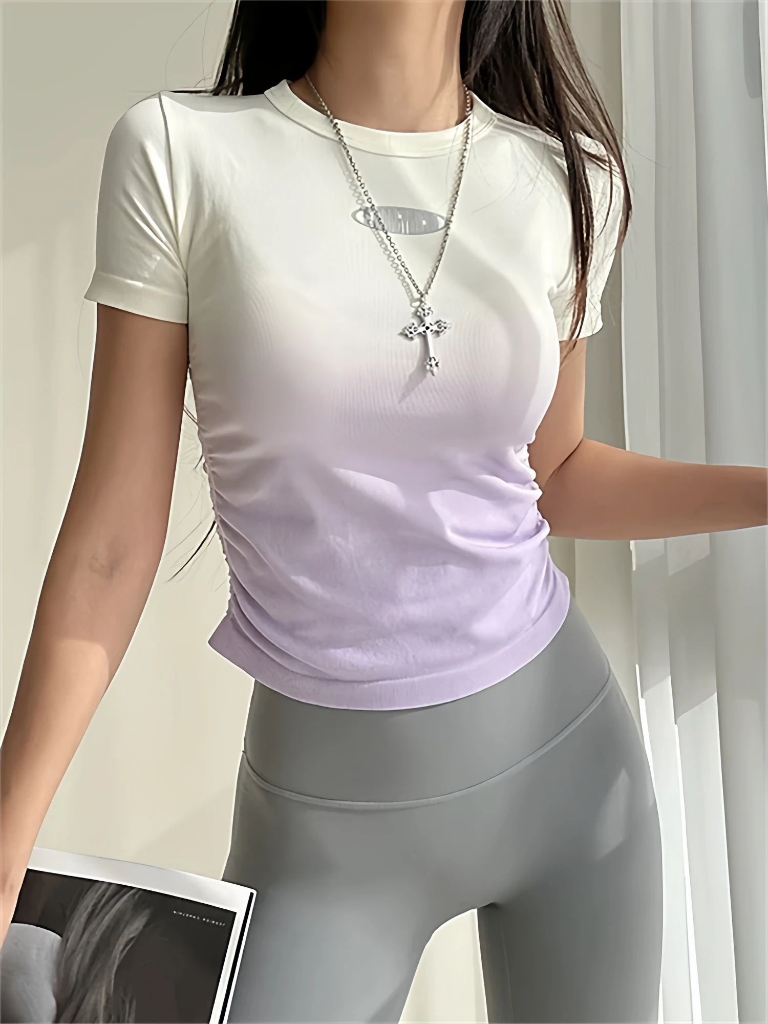 

Women's Yoga Sportswear Short Sleeve Running Fitness Gradient Seamless Waist-Cinching Quick Dry T-Shirt Top Ocnltiy 2025 Summer