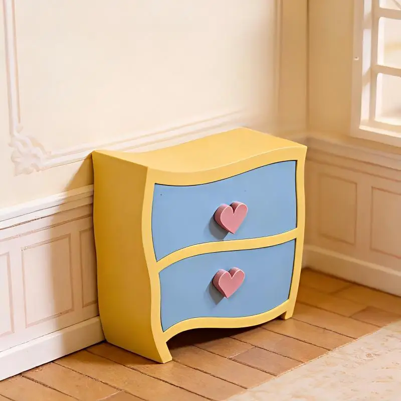 Miniature 1 12 Scale Bedside Table Yellow Dollhouse Nightstand Storage Cabinet for Kids Room Setup