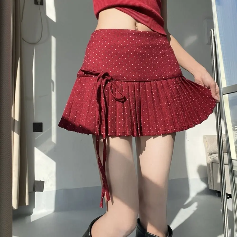 Sweet Pleated Skirts for Women Preppy Style Bowknot Dot Mini Skirt High Waist with Safety Pants A-line Short Skirts Ladies