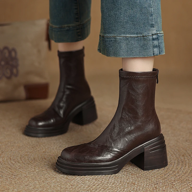 2026 new autumn winter women ankle boots natural leather plus size 22-26cm sheepskin round toe thick heel back zip short boots